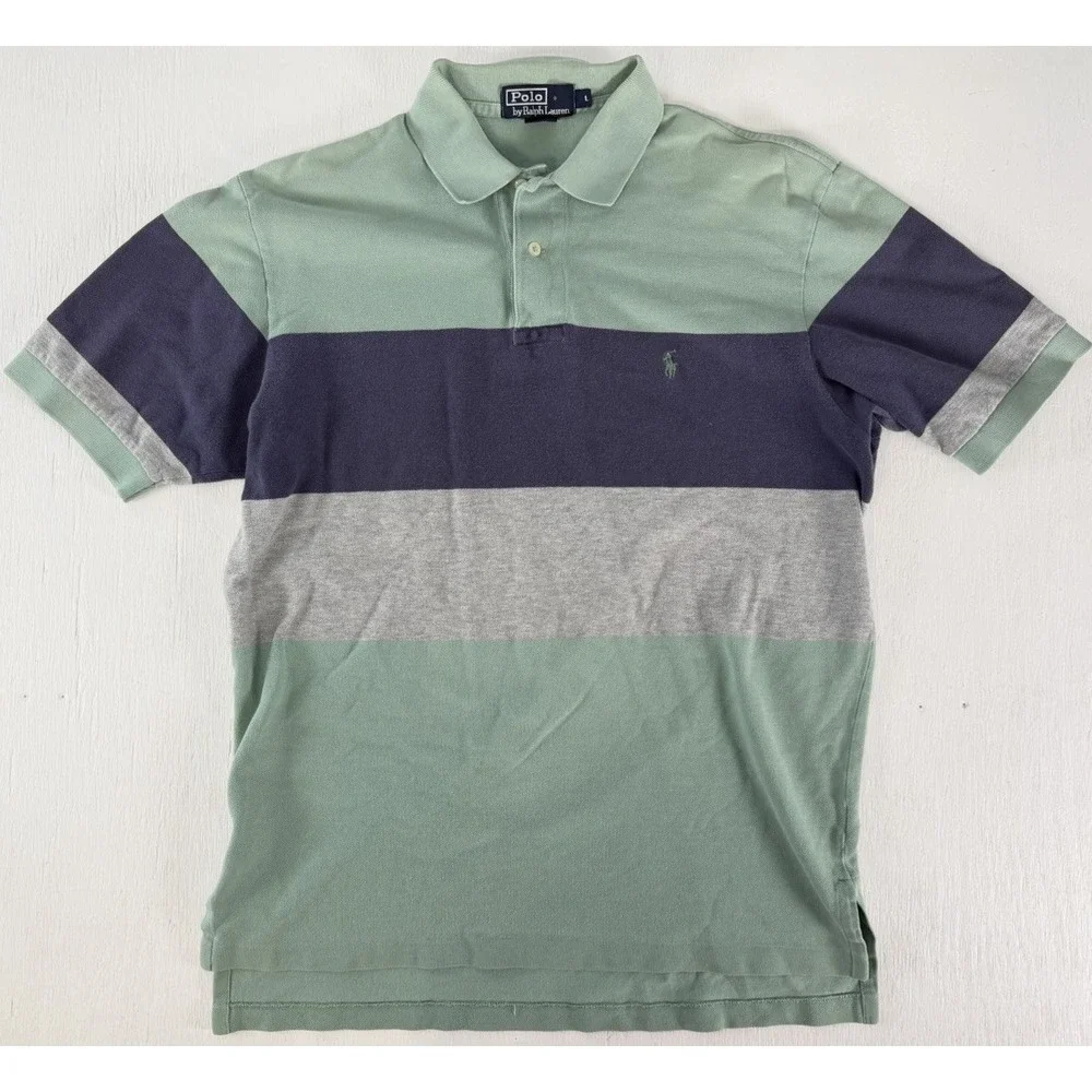 Vintage Polo Ralph Lauren Men Size L Color Block Shirt 90s Blue Green Gray Y2K